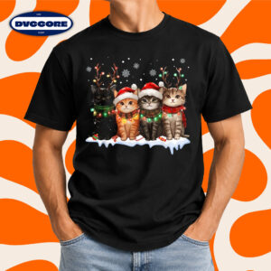 Cat Christmas Light Reindeer Santa Cat Lover T-Shirt