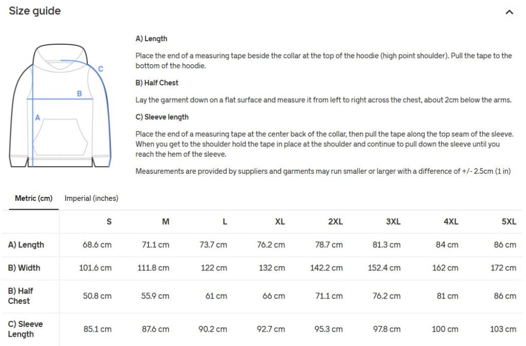 Unisex Hoodie Size Guide